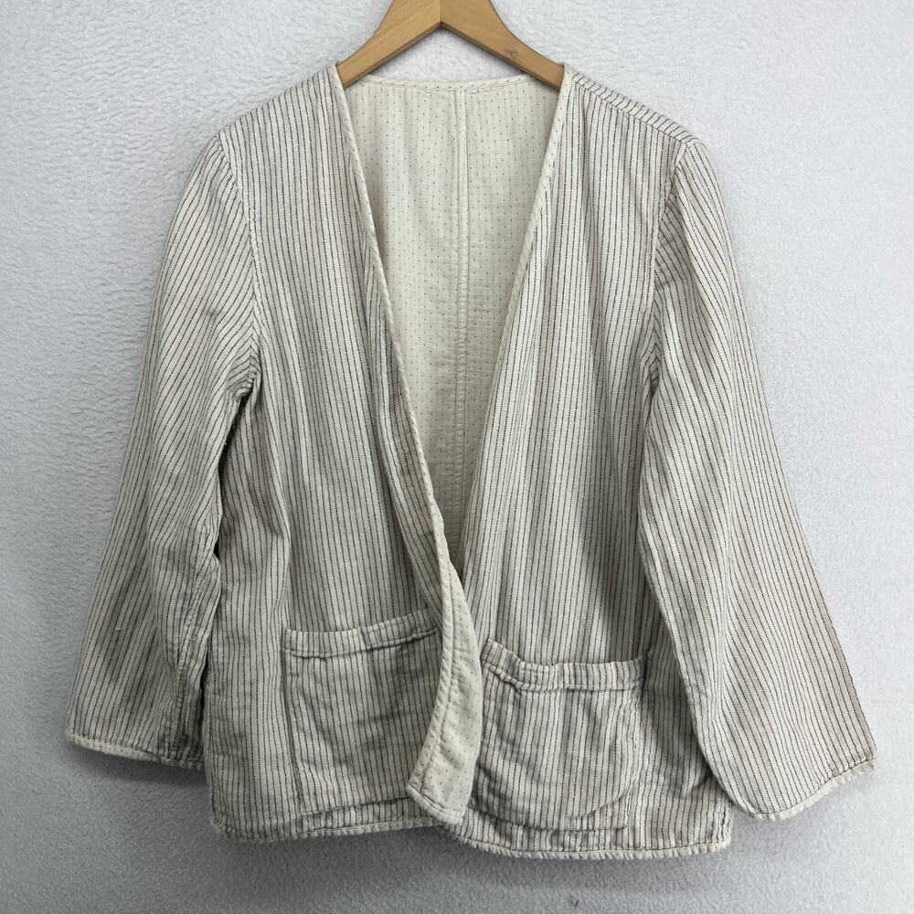 EILEEN FISHER Jacket M Organic Cotton Open Front Reversible Polka Stripe Beige